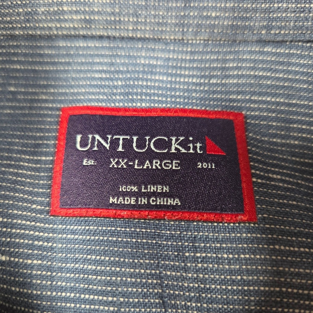 UNTUCKit Mens XXL Blue White Pinstripe Linen Short Sleeve Camp Button Down Shirt - Picture 4 of 7
